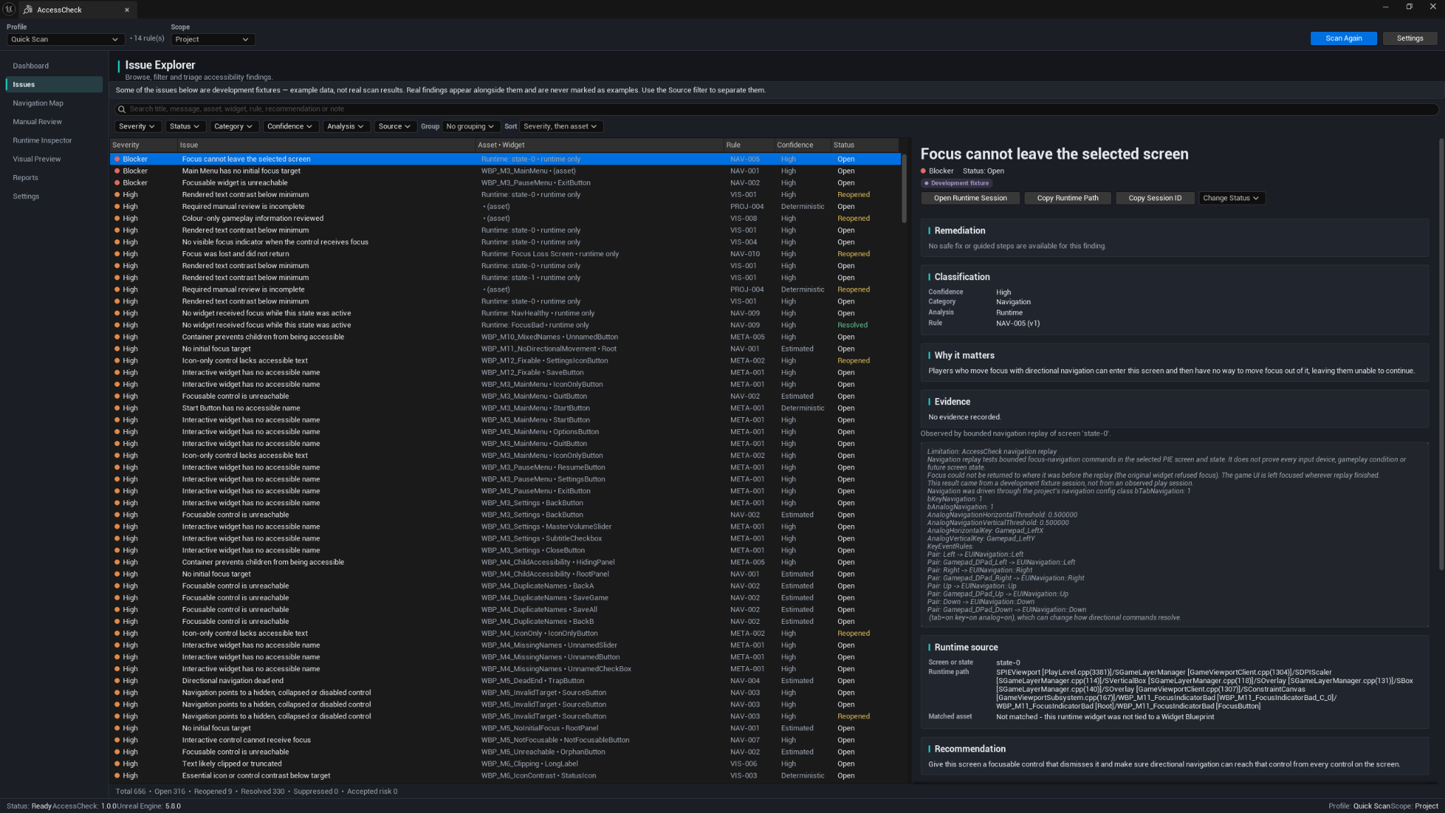 AccessCheck Issue Explorer with finding filters, result table, and selected issue details