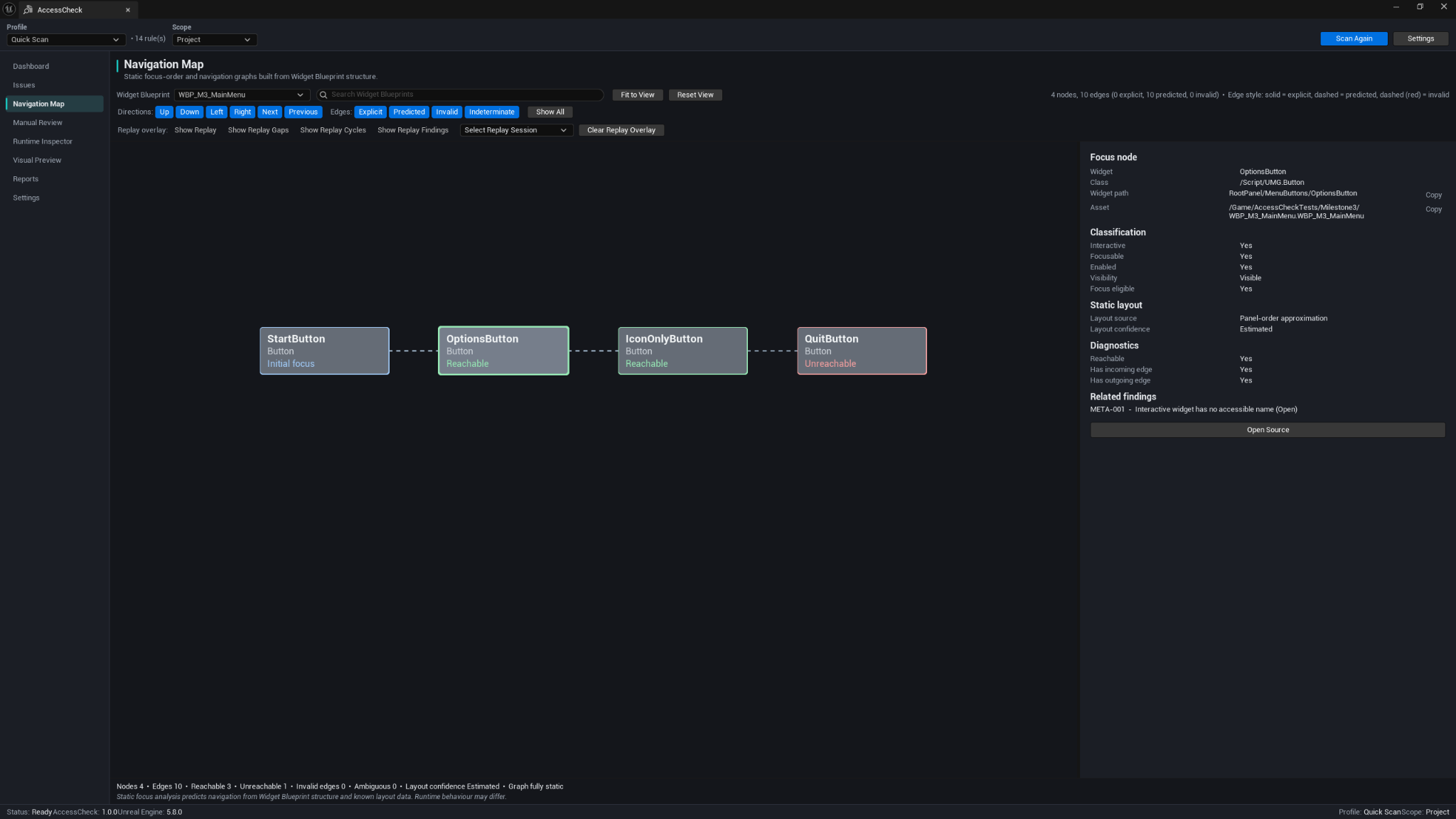AccessCheck Navigation Map showing focus nodes, predicted edges, and an unreachable control