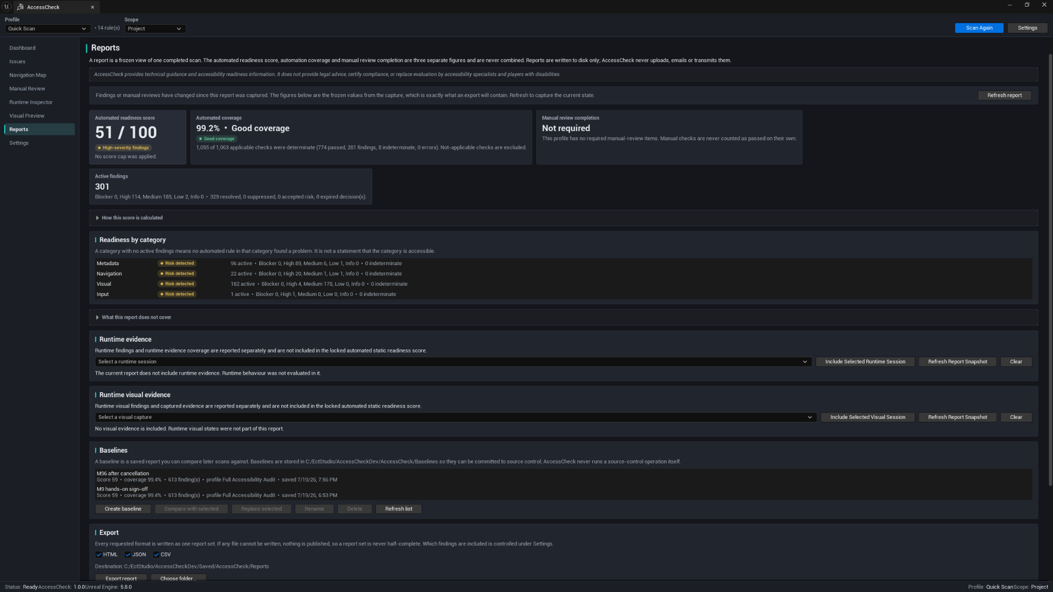 AccessCheck Reports page showing readiness results, runtime evidence, baselines, and export controls