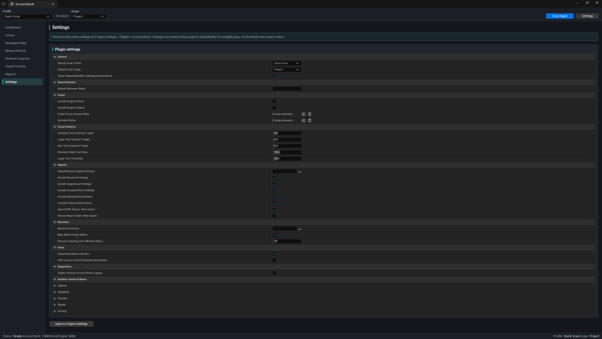 AccessCheck Settings page showing scan, visual analysis, report, baseline, and diagnostic options