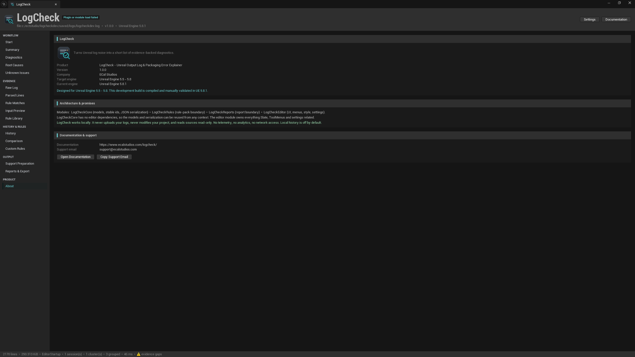 LogCheck About page showing version, compatibility, local-data promises, documentation, and support details