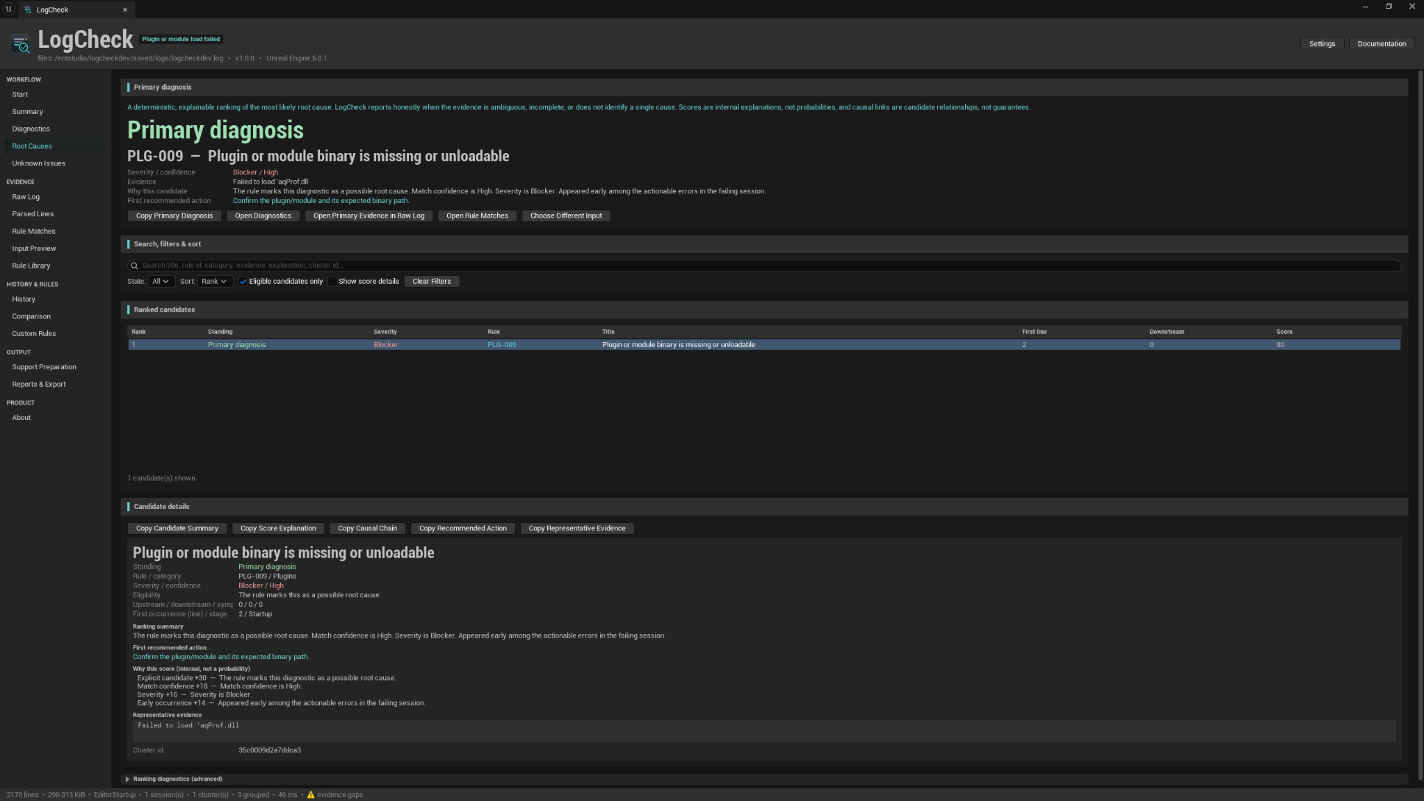 LogCheck Root Causes page showing the Primary Diagnosis, ranked candidates, score explanation, and representative evidence