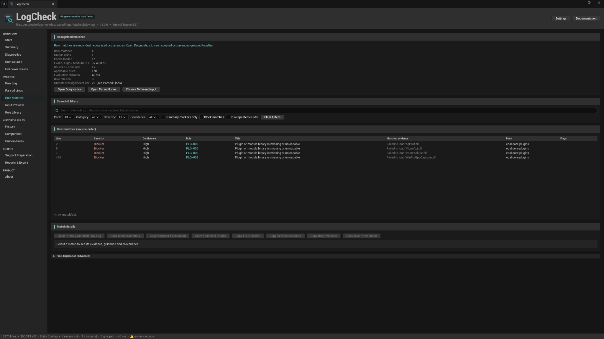 LogCheck Rule Matches page showing recognised occurrences, rule IDs, evidence, and pack provenance