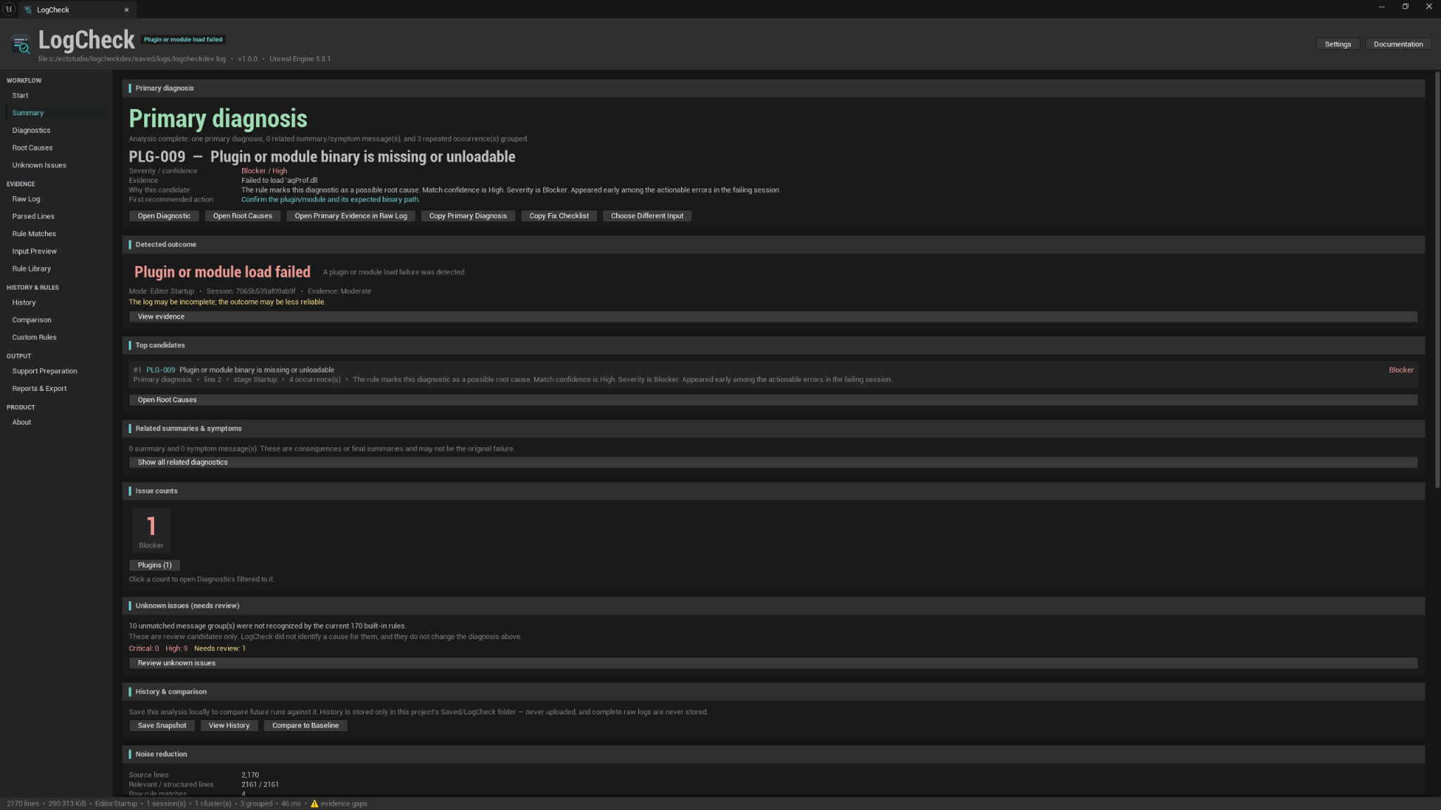 LogCheck Summary showing the detected outcome, Primary Diagnosis, top candidates, issue counts, and review actions