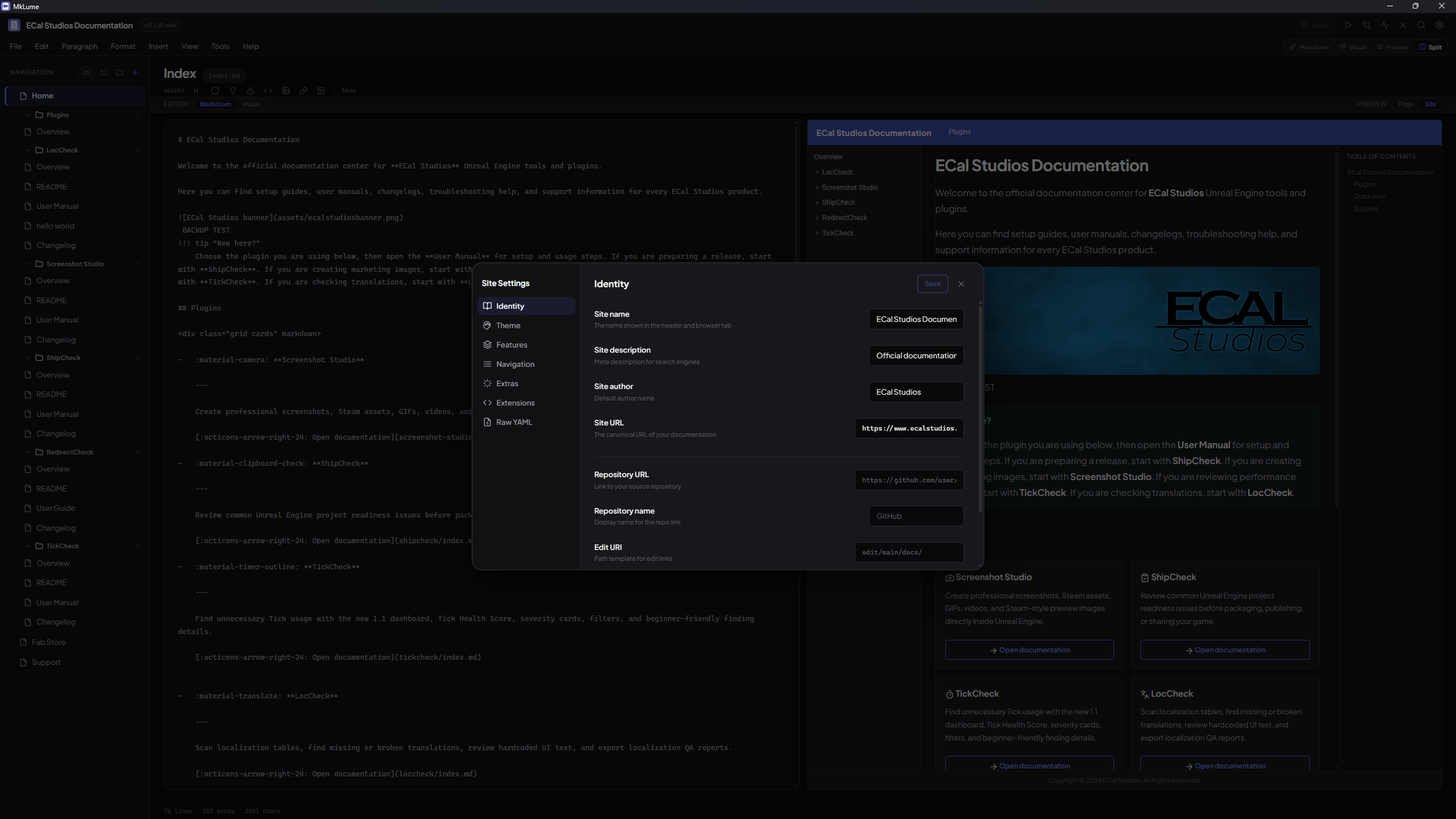 MkLume site settings editor