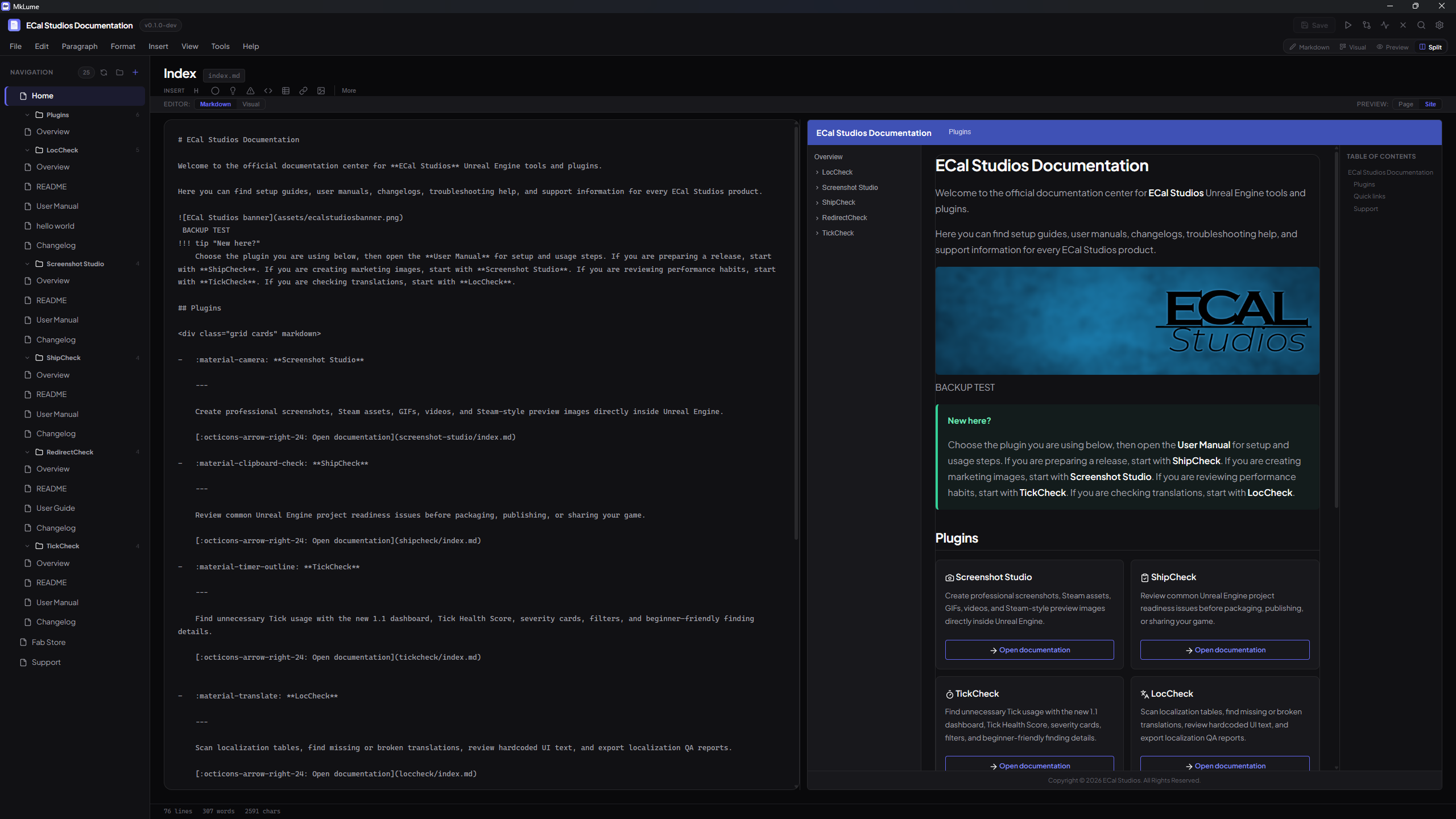 MkLume split view with editor and preview side by side