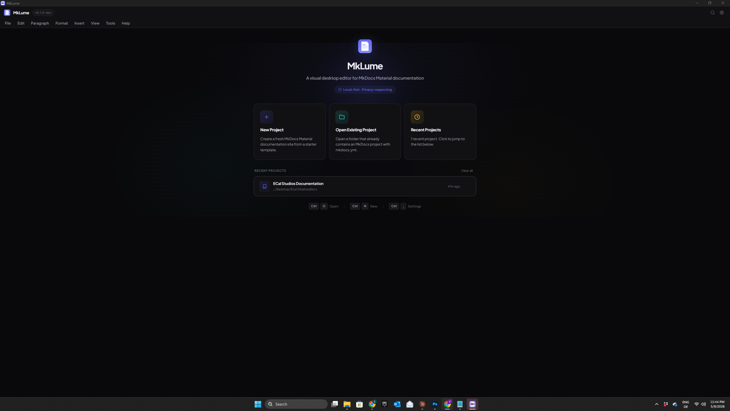 MkLume welcome screen