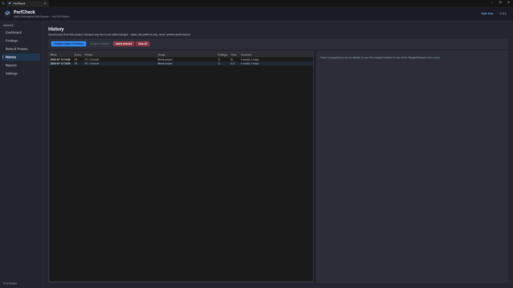 PerfCheck History page showing completed scan snapshots