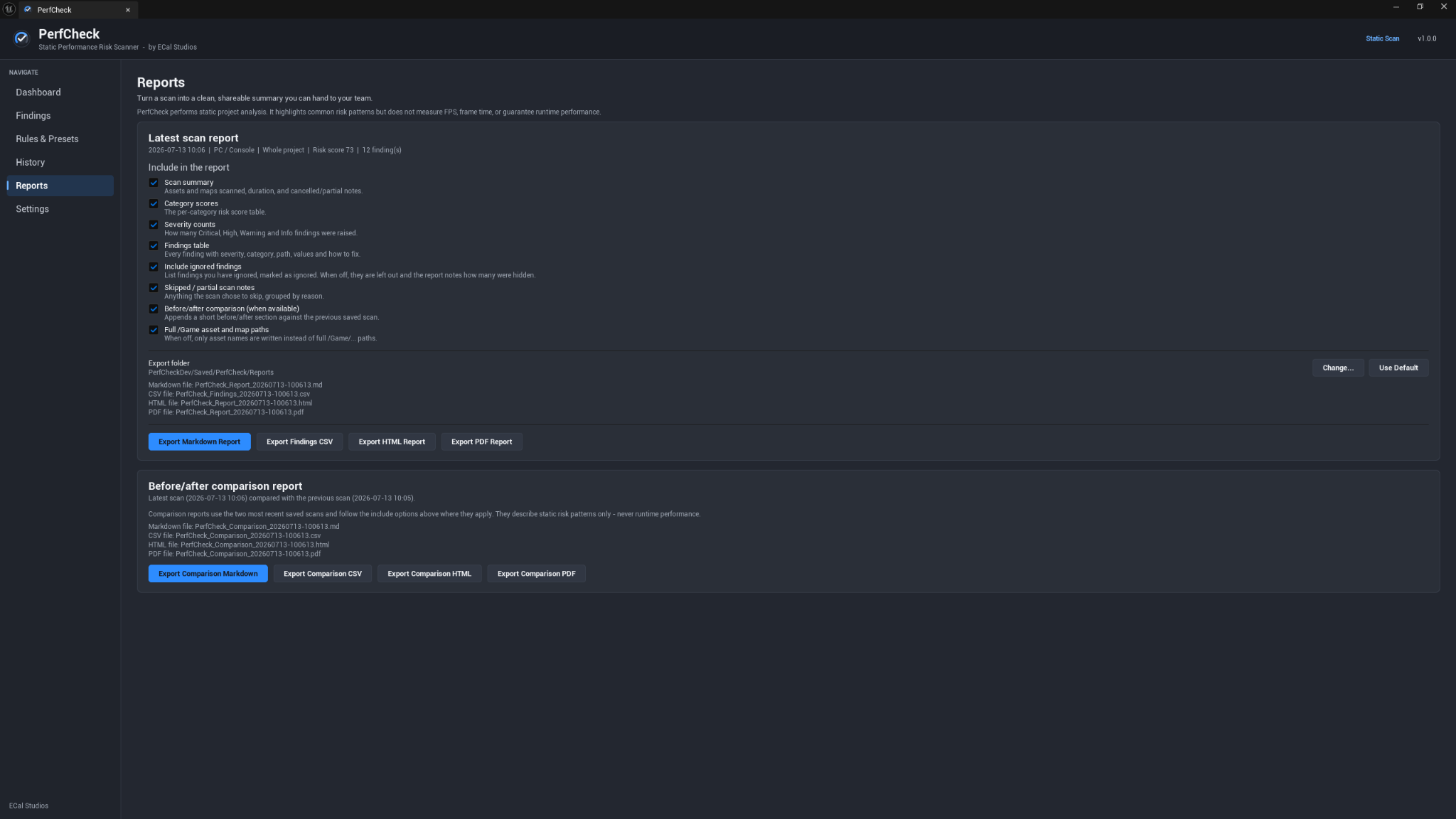 PerfCheck Reports page