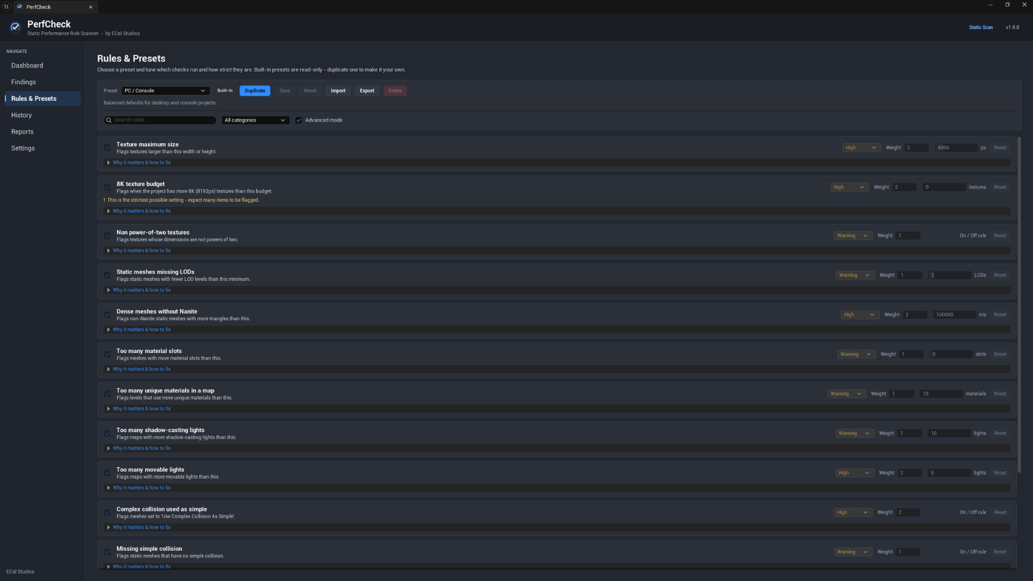 PerfCheck Rules and Presets page
